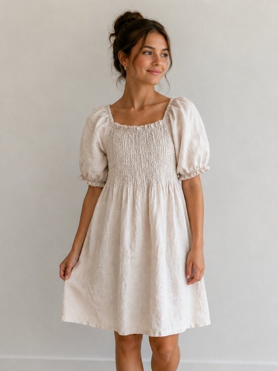 BELLAMBRA Dresses & Skirts - Bellambra Italian Linen Smocked Puff Sleeve Boho Dress Natural Beige size Small